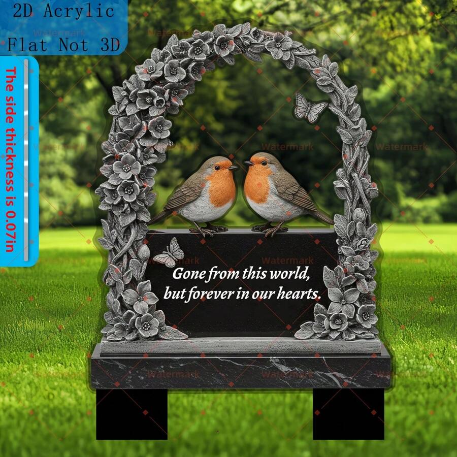 1 pièce Plaque commémorative classique avec conception d'arche florale et oiseau 3D - 24 cm x 13 cm Pieux de pelouse en acrylique résistant aux intempéries pour cimetières, tombes ou mémorial domestique - Décoration extérieure montée au sol, sans électricité nécessaire, Décoration de cimetière, Mémorial élégant, Conception de couleur vibrante, Style plat 2D, Conception aléatoire