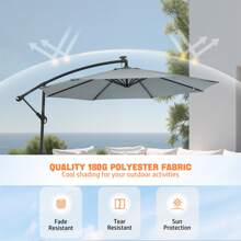OYAJIA Cantilever Garden Parasol With Solar-Powered LED Lights, 3 M Banana Patio Umbrella With Cross Base, Crank For Opening Closing, Sunshade With Protection UPF 50+, Grey