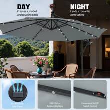 OYAJIA Cantilever Garden Parasol With Solar-Powered LED Lights, 3 M Banana Patio Umbrella With Cross Base, Crank For Opening Closing, Sunshade With Protection UPF 50+, Grey