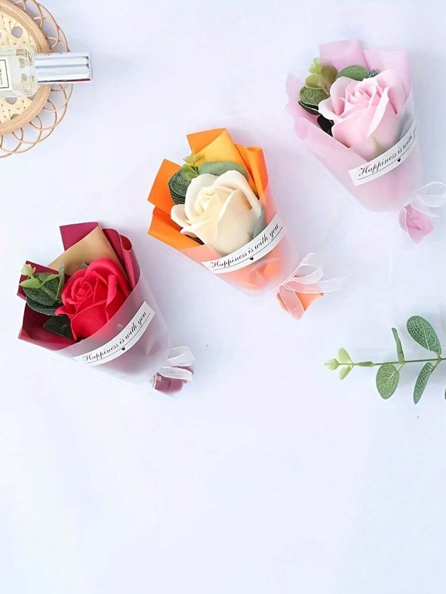 3 Stücke handgefertigte Mini-Rosen-Blumensträuße, Seifenblumen-Sträuße, realistische Blumensträuße als Geschenk zum Lehrertag, Graduierung, Geburtstag, Valentinstag und zur Hochzeitsdekoration
