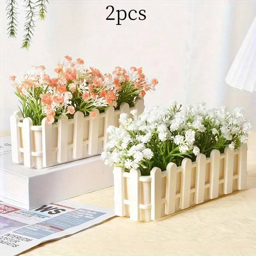 2pcs Geometric Plastic Planter With Fence Design - Lightweight Rectangular Indoor/Outdoor Decor Planter For Succulents, Herbs, Flowers - Modern Farmhouse Style Home Gardening Decor (Plants Not Included)