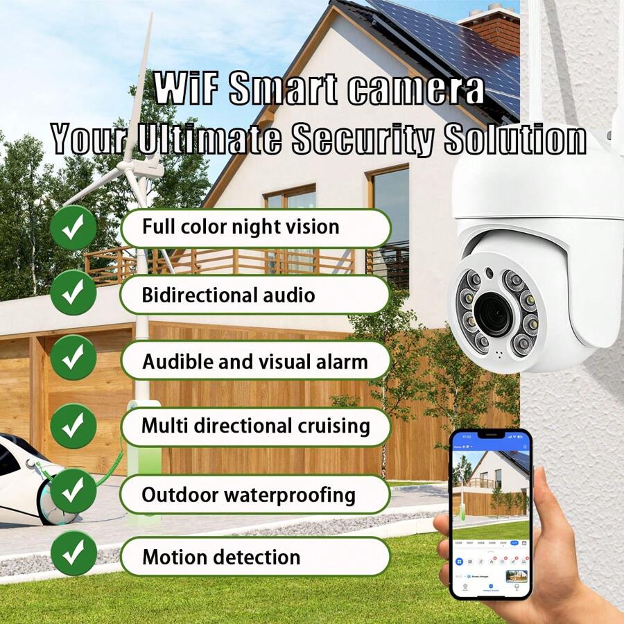 Telecamera IP per videosorveglianza remota da 2MP con rilevamento di movimento, visione notturna a colori, senza fili per uso interno/esterno, controllo PTZ, con archiviazione su scheda SD e cloud