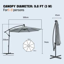 OYAJIA Cantilever Garden Parasol With Solar-Powered LED Lights, 3 M Banana Patio Umbrella With Cross Base, Crank For Opening Closing, Sunshade With Protection UPF 50+, Grey