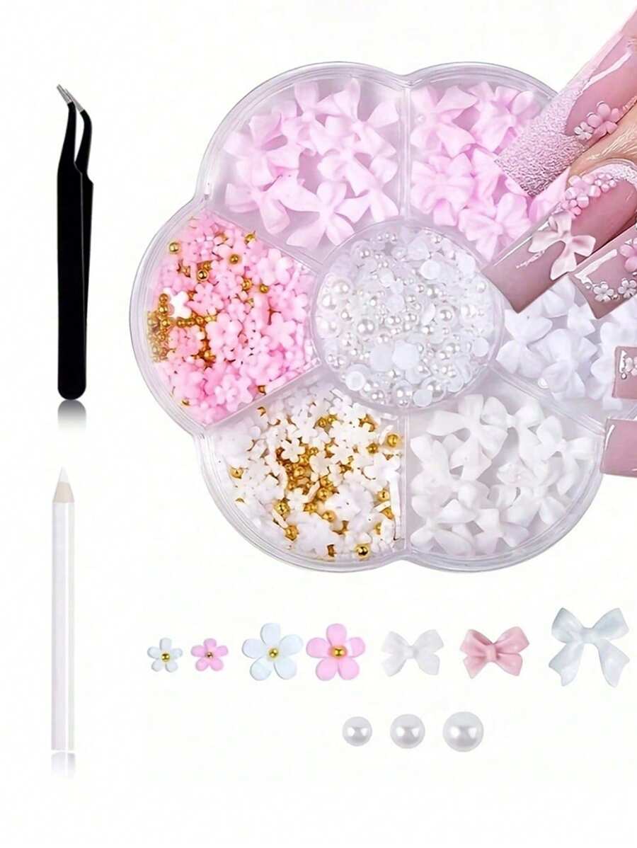 600Pcs Bow Nail Charms And Flatback Pearls,White Pink Bowknot 3D Cute Nail Charms Acrylic Flower For Nail Supplies Design,White Half Pearls For Nail Decoration DIY Crafts Y2K Nail Art Accessories