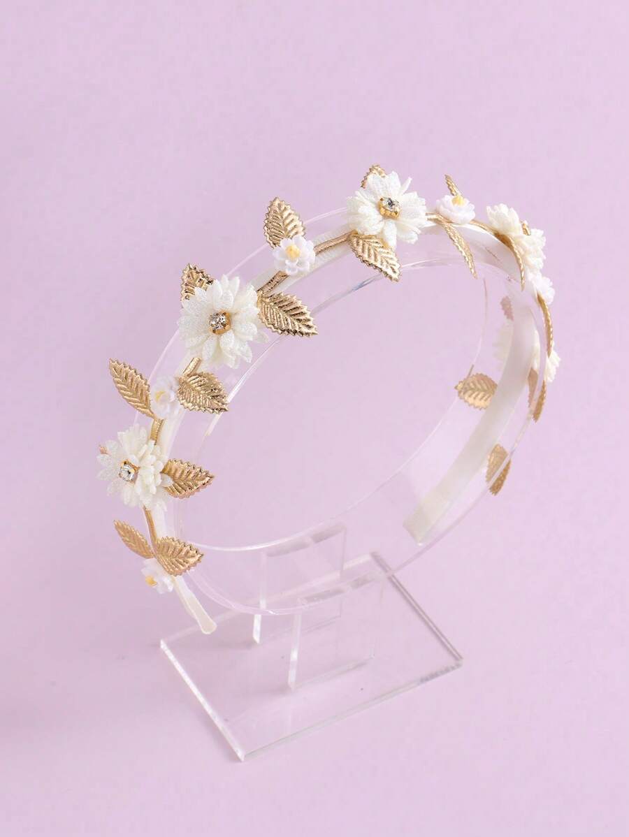1 Peça Tiara Infantil com Folha Dourada e Flor Branca, Adequada para Uso Diário, Viagem, Fotografia, Casamento, Festa