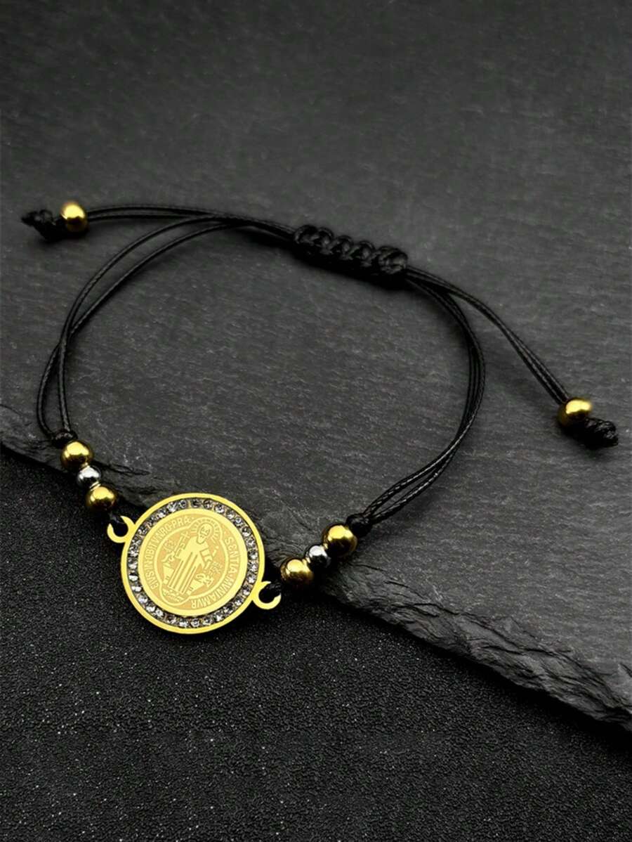 Pulsera ajustable con cadena de cuerda, con medalla de San Benito en color dorado de acero inoxidable, para hombres y mujeres