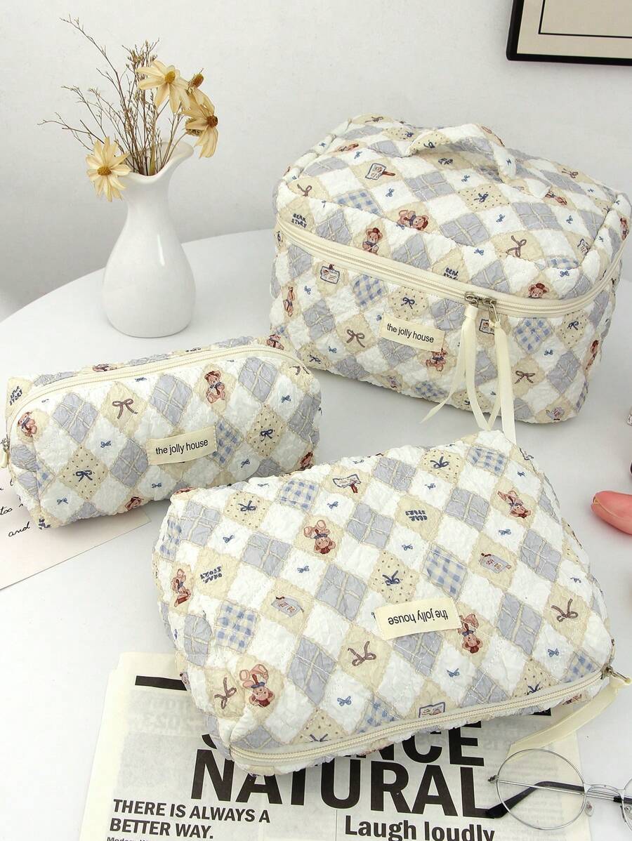 1 pezzo Borsa trucco casual carina a quadri beige, grande capacità, con cerniera, portatile, per il viaggio, per la conservazione di articoli di cancelleria, elementi essenziali per le vacanze, cosmetici, chiavi, cuscinetti, auricolari, telefoni cellulari, caricabatterie, rossetti, cosmetici, profumi, prodotti per la cura della pelle e della bellezza, per la conservazione in bagno a casa, adatta per mamme, donne, infermiere, studenti, ragazze, regali per le vacanze e il ritorno a scuola