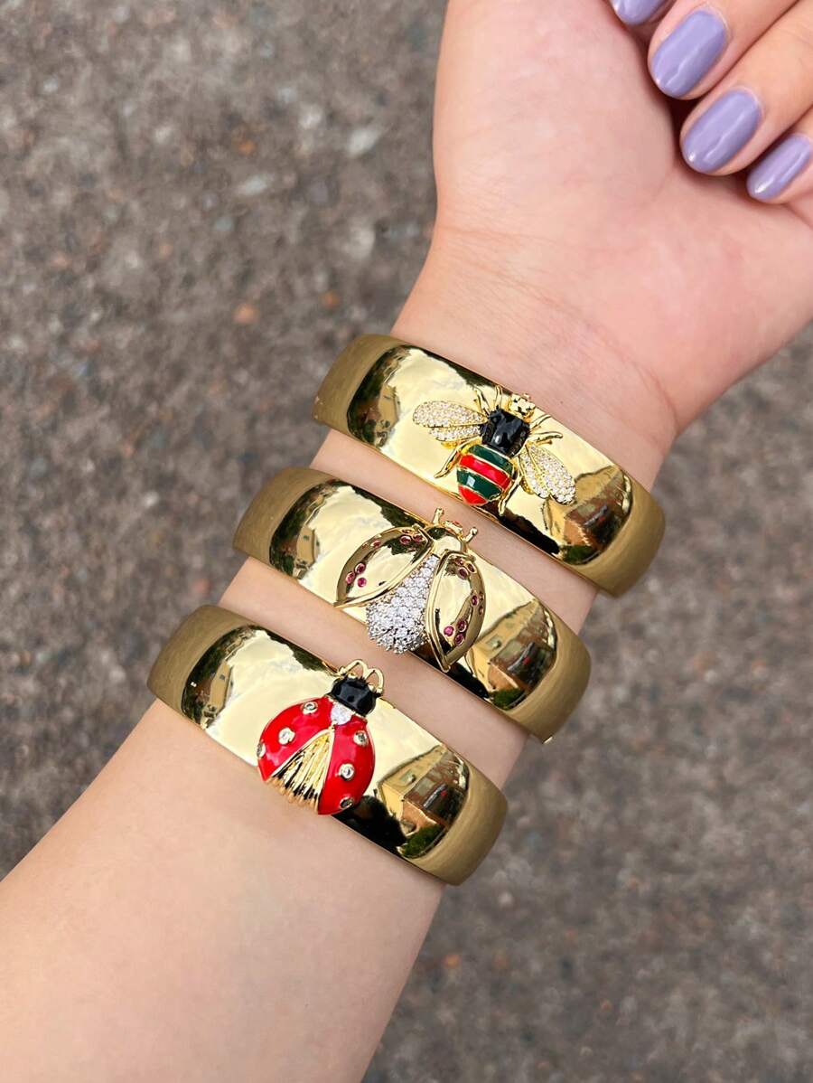 1pc Retro Bee Insect Zirconia Crystal Embellished Bronze Plated Gold Open Cuff Bracelet, Suitable For Women Daily & Party Wear