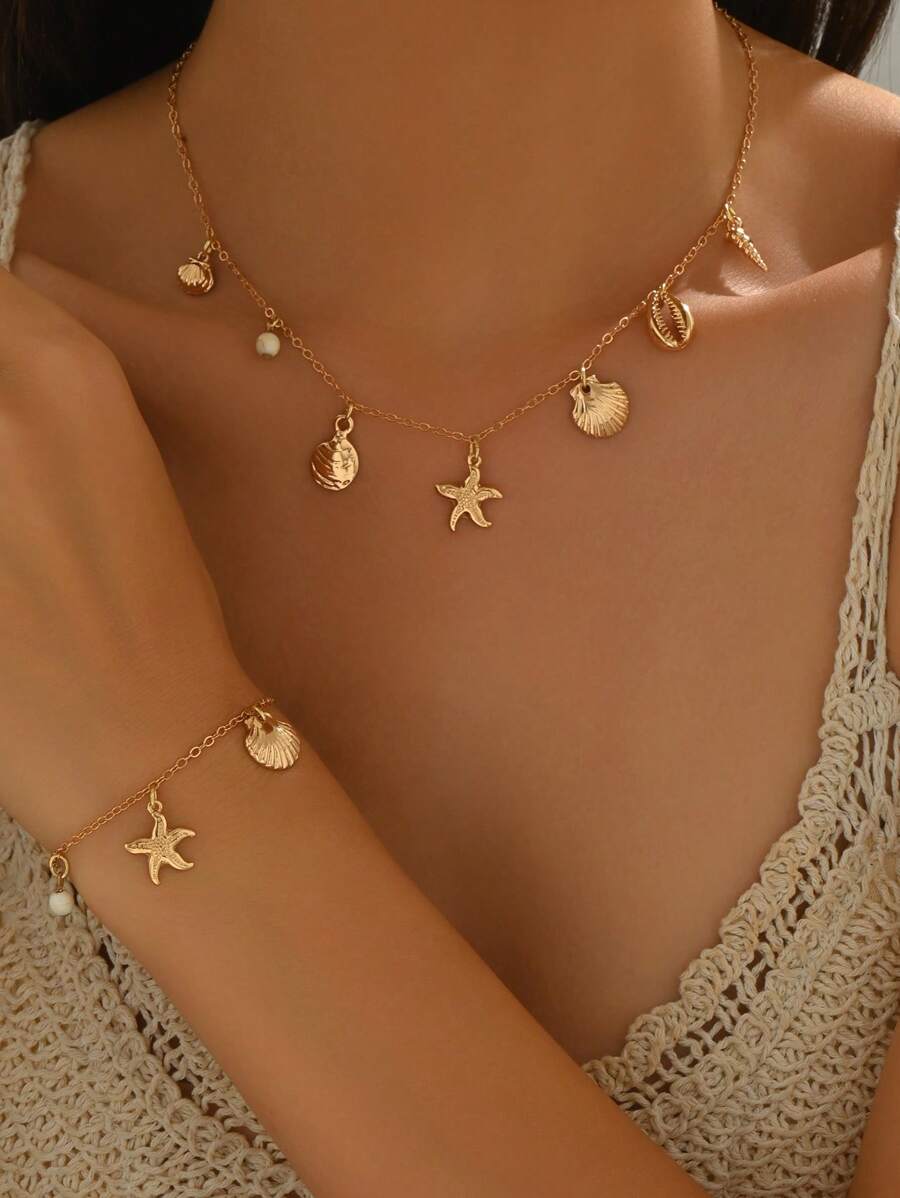 1pc Creative Ocean Theme Beach Vacation Style Sea Star & Sea Shell Pendant Necklace, Versatile Daily Wear