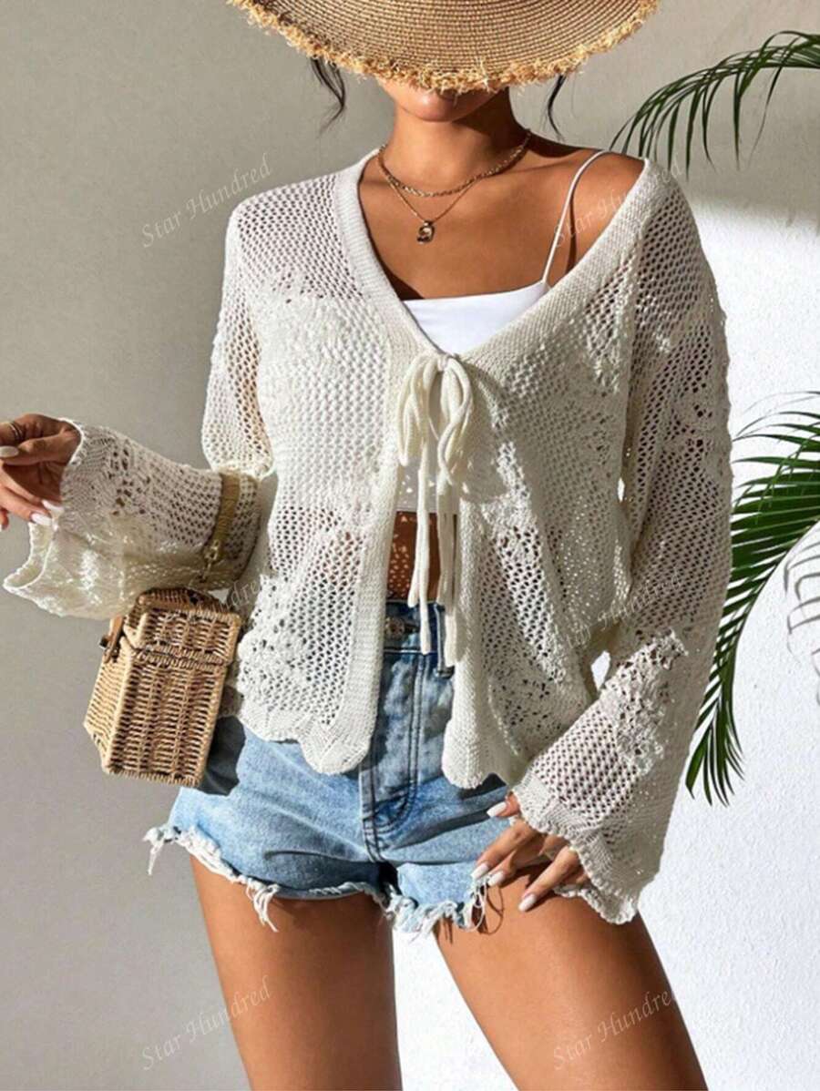 Cardigan elegante in maglia leggera e traforata, design semplice, adatto per primavera/estate, taglie comode