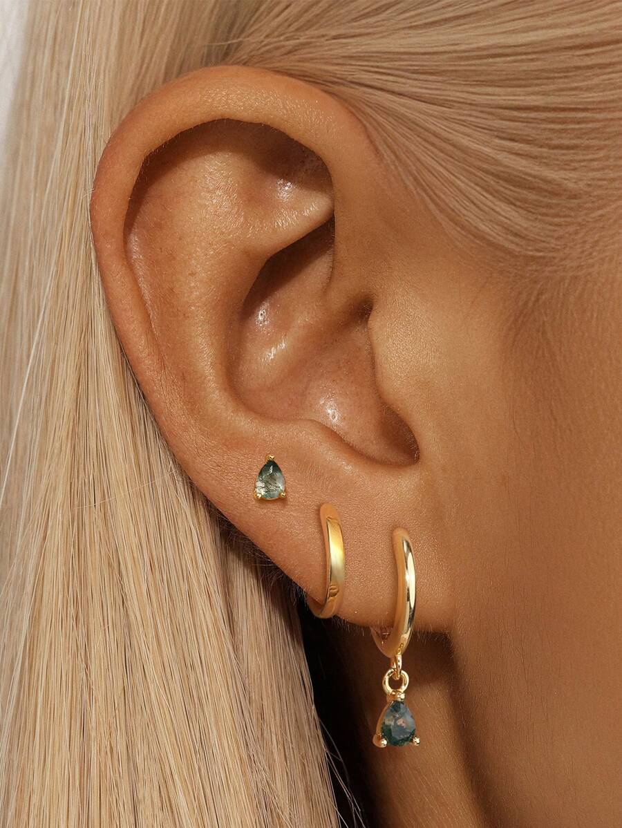 1 peça de piercing de orelha em prata esterlina 925, ágata natural com grama aquática, gota d'água, conjunto de garras, cartilagem plana, hélice, joia fina para uso diário, festa de casamento, noivado, aniversário, dia dos namorados