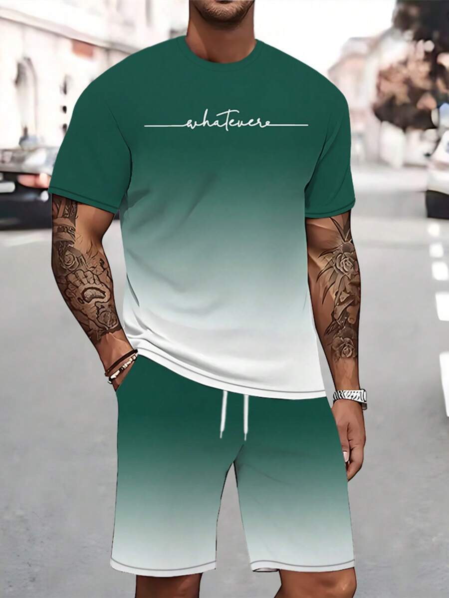 Set de 2 piezas de atuendo casual de verano para hombre, camiseta de manga corta con estampado degradado + shorts deportivos con cordón, ropa deportiva de entrenamiento al aire libre con cuello redondo