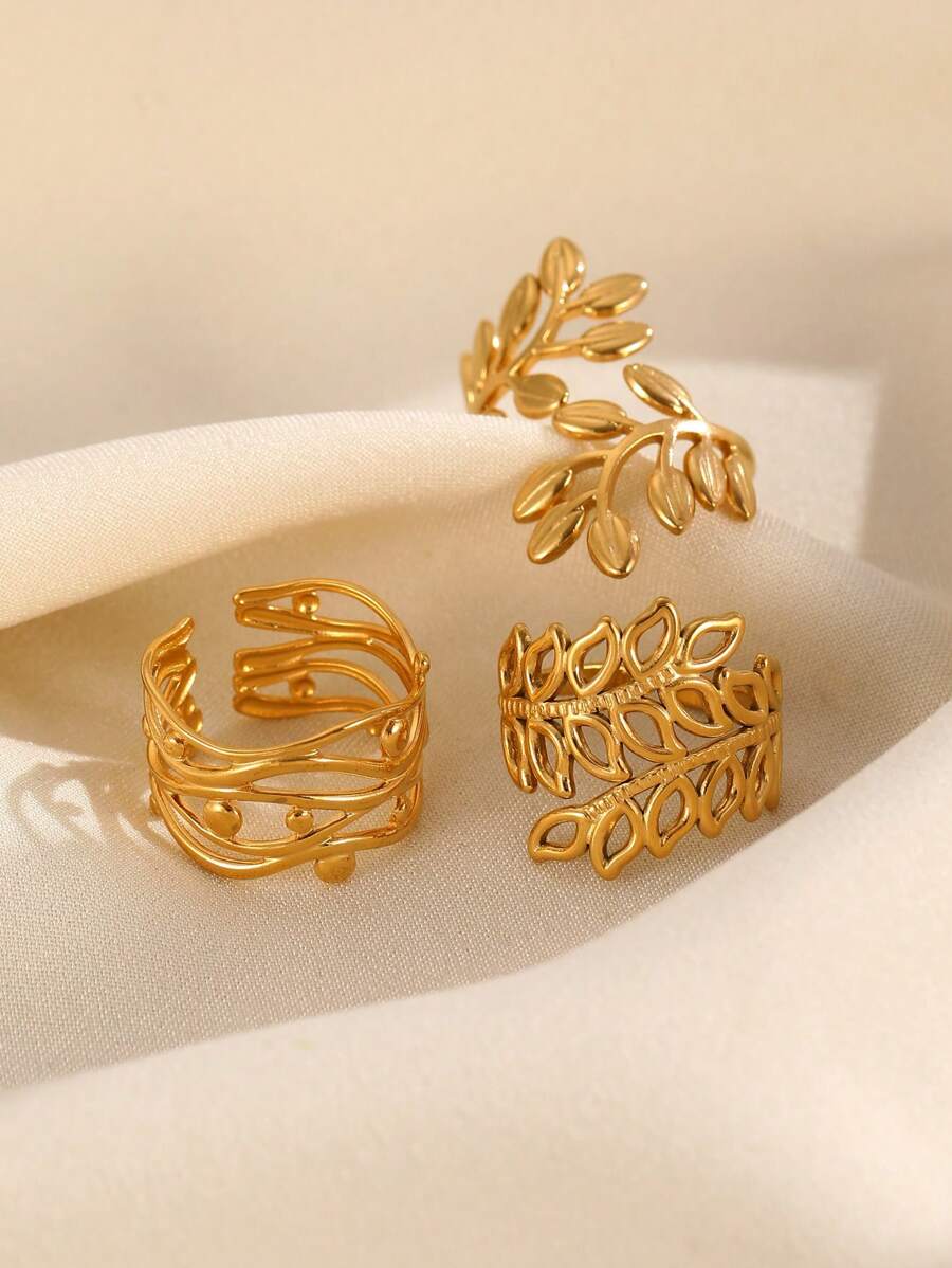 3 Stücke/Set Edelstahl Blatt Linie Dekor Ringe, modisch vielseitig für den täglichen Gebrauch