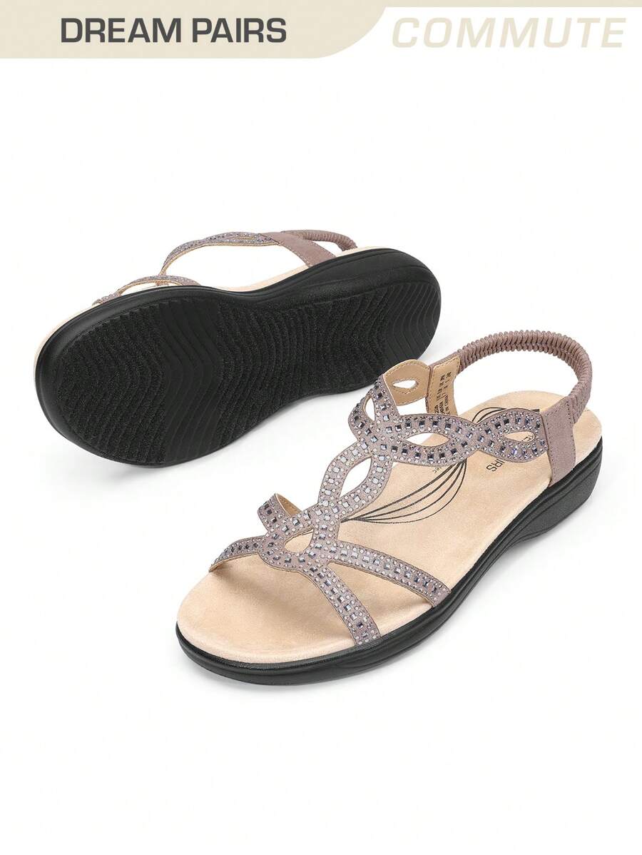 Women Comfort Flat Sandals Rhinestone Orthopedic Sandals Summer Walking Sandals With Elastica Back Strap Slip-On Vacation Beach Flats Shoes