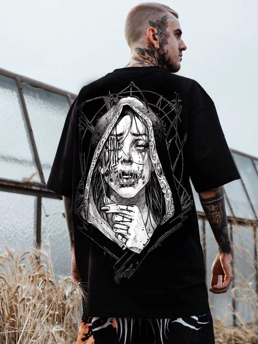 Camiseta de manga corta de verano informal para hombres, de estilo vintage oscuro y cuello redondo, hecha de tela de poliéster, adecuada para deportes y entrenamiento físico