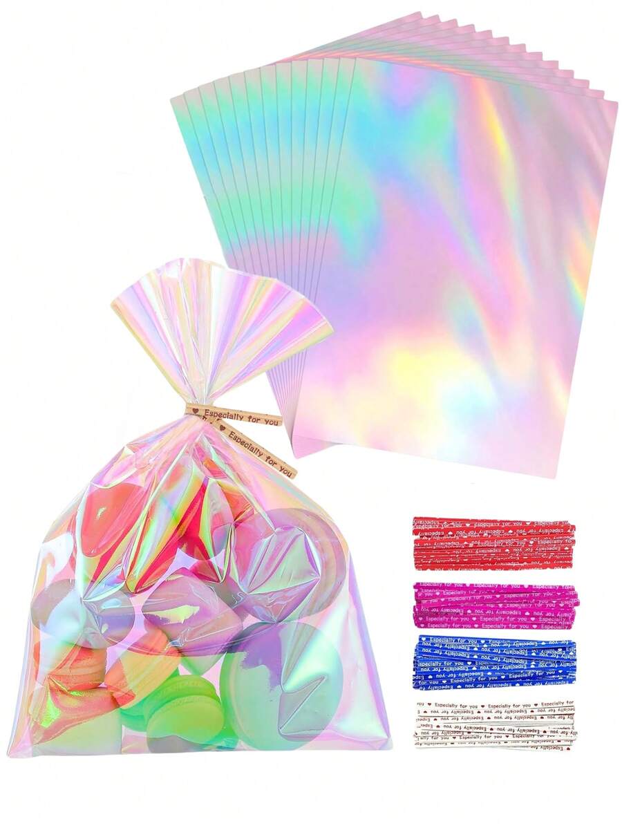 50 pièces Sacs en cellophane pour friandises, sacs en cellophane irisés holographiques, sacs à cadeaux avec liens torsadés, pour fête d'anniversaire, mariage, Fête des mères, Noël, Saint-Valentin