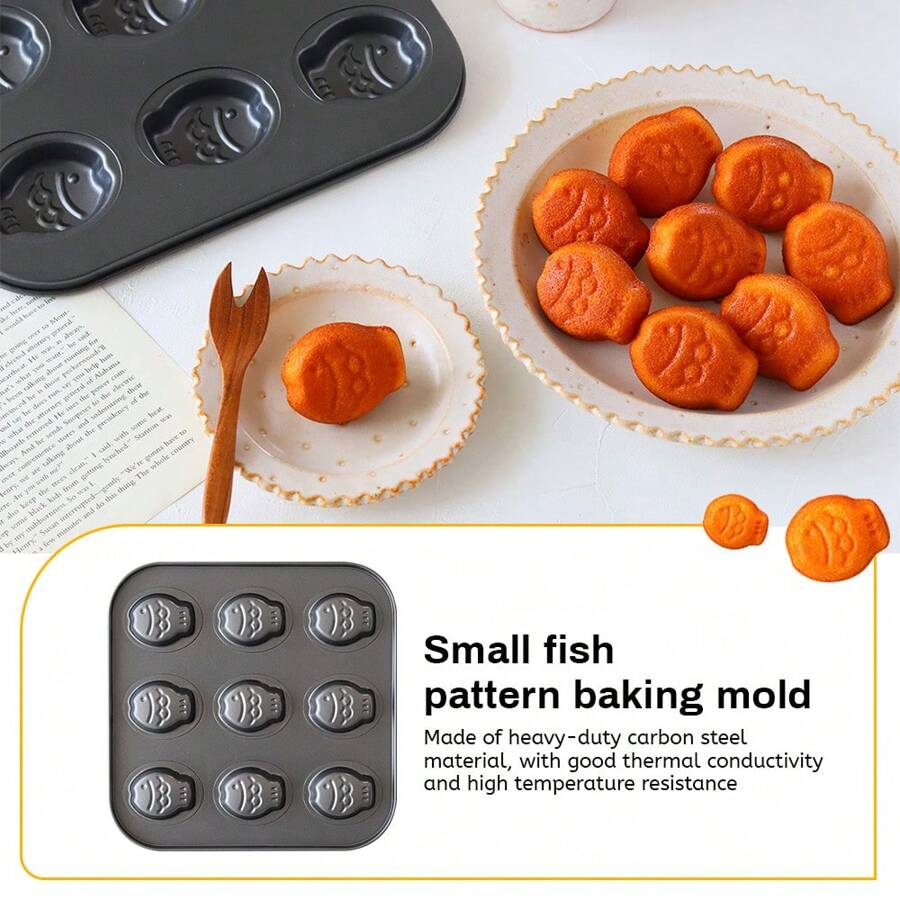 1pc 9-Cavity Fish-Shaped Nonstick Baking Pan, Mini Cake/Muffin/Madeleine Bakeware Cooking Tool
