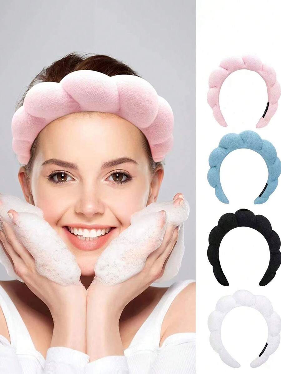 1 pièce/2 pièces/3 pièces Set de bandeaux de spa en forme de nuage, bandeaux et serre-poignets en éponge torsadée douce pour le yoga, les soins de la peau et le maquillage. Bandeaux de lavage du visage de couleur unie pour femmes. Set de bandeaux et serre-poignets de douche pour le maquillage et le lavage du visage. Accessoires pour la tête et les cheveux pour la rentrée scolaire