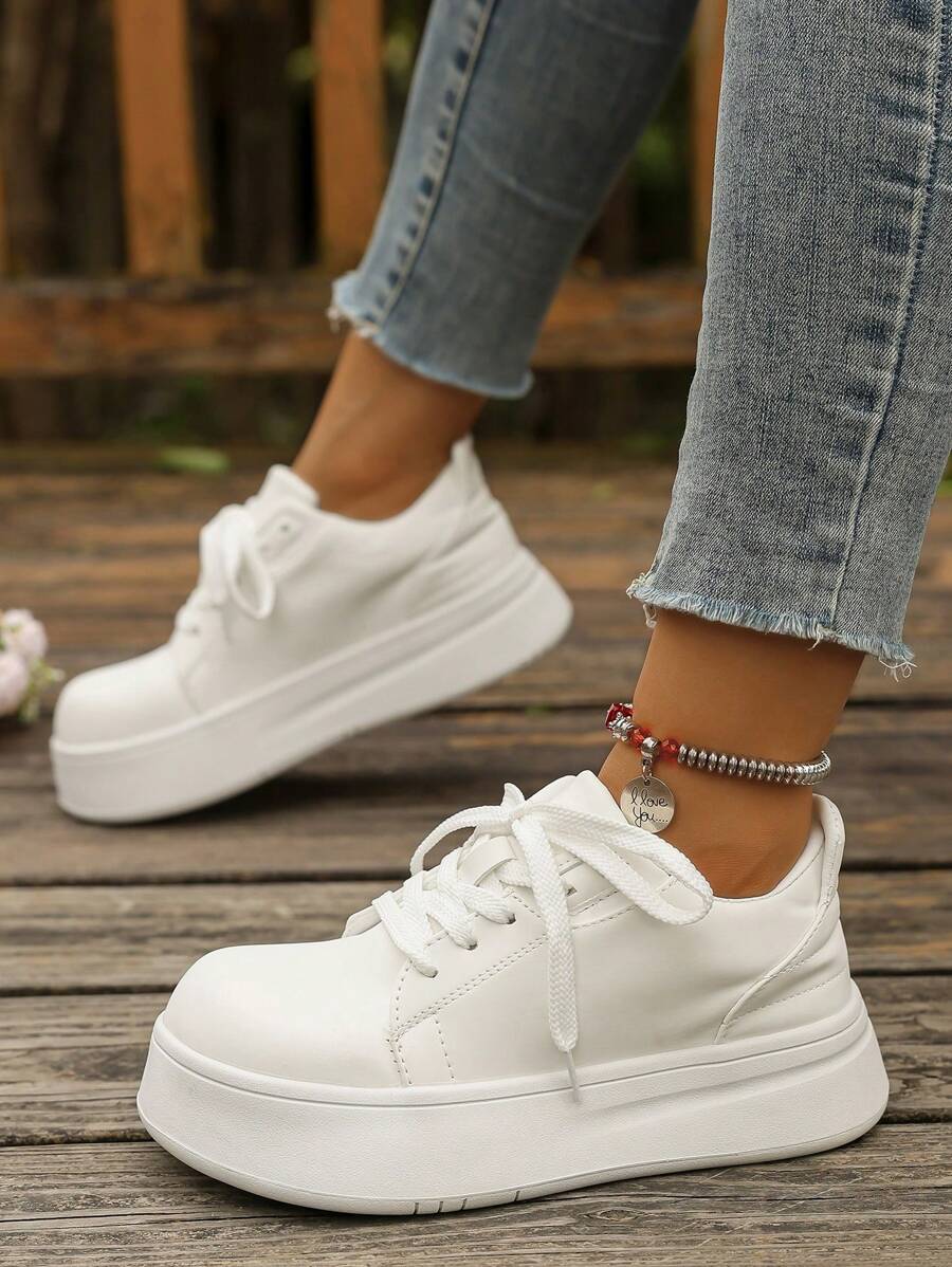 2025 New Women's White Thick Sole Lace-Up Casual Shoes, Breathable Non-Slip Platform Sneakers, Sweet Daily Sports Shoes, Comfortable Adjustable Shoelace Design