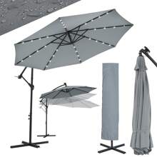 OYAJIA Cantilever Garden Parasol With Solar-Powered LED Lights, 3 M Banana Patio Umbrella With Cross Base, Crank For Opening Closing, Sunshade With Protection UPF 50+, Grey