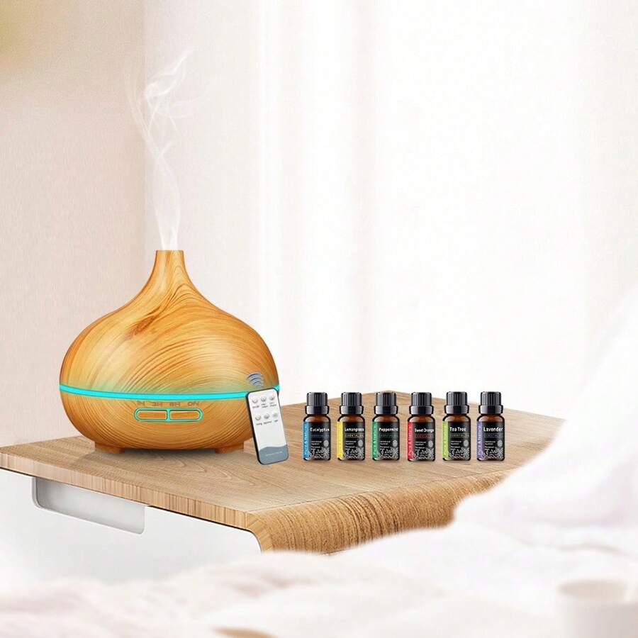550ml Essential Oil Diffuser With Remote Control, Ultrasonic Humidifier, 7 Color LED Light & 6 Oils