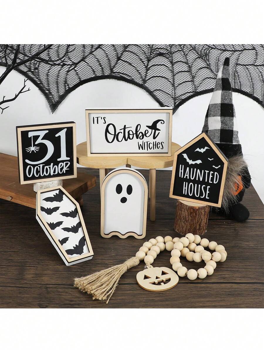 Décoration de plateau à plusieurs étages pour Halloween, décoration de fête d'Halloween, chauve-souris effrayante et fantôme, décorations en bois pour ambiance (plateau non inclus)