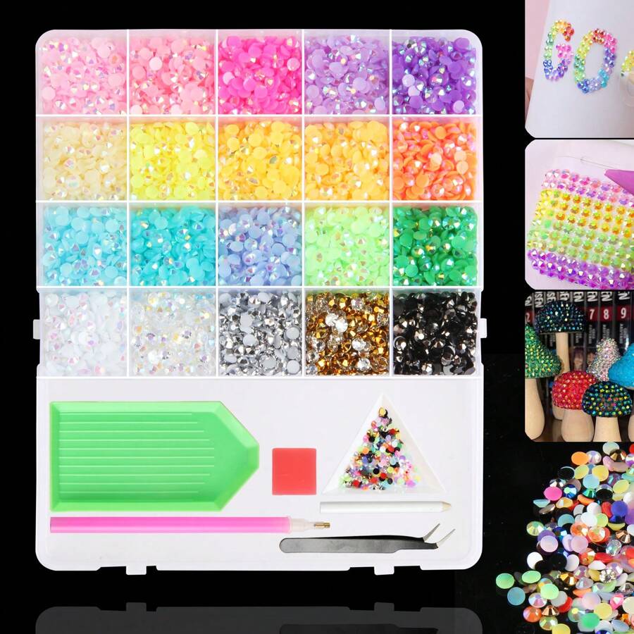 Aproximadamente 16000/6400/6600 piezas de Cristales de resina de 3 mm, Cristales de gelatina redondos AB sin termofijado al por mayor para manualidades DIY, ropa, tumblers, maquillaje facial, manicura y uñas, maquillaje facial y de ojos, tumblers, botellas, manualidades y decoración
