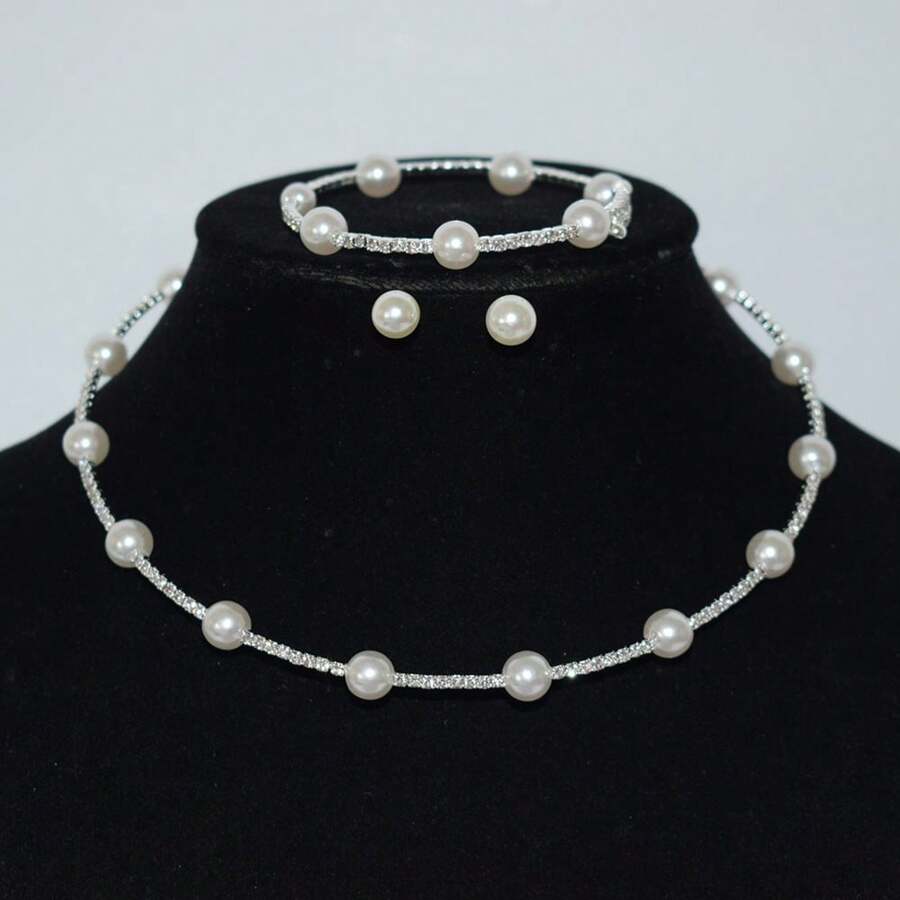 4 Peças Conjunto de Colar, Pulseira e Brincos com Pérola Francesa de Fileira Única, Zircônia, Strass, Acessórios de Vestido de Noiva e Casamento, Colar Gargantilha