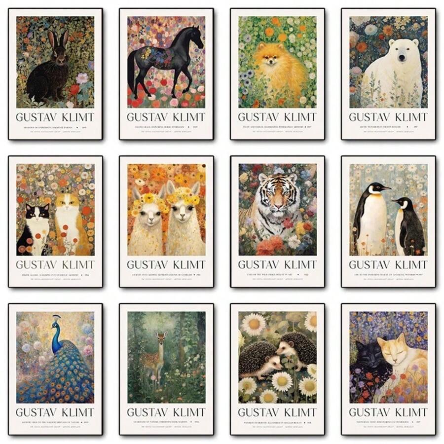 Peinture sur canevas de style poster rétro avec des motifs de fleurs nordiques, d'animaux comme le paon, le lama, le tigre royal du Bengale et le lion, selon le style de Gustav Klimt. Décoration murale pour la maison, cadeau avec option de cadre