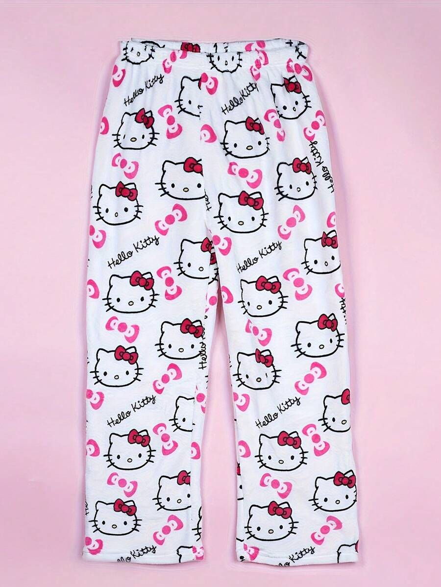 Sanrio 1 pieza Pantalones de pijama suaves de franela con estampado de Hello Kitty con licencia para mujeres, forrados térmicos, ropa de estar en casa cálida y casual, adecuado para primavera/otoño, estampado de dibujos animados, regalo de moda para amigos, novia, Acción de Gracias, Navidad, Halloween