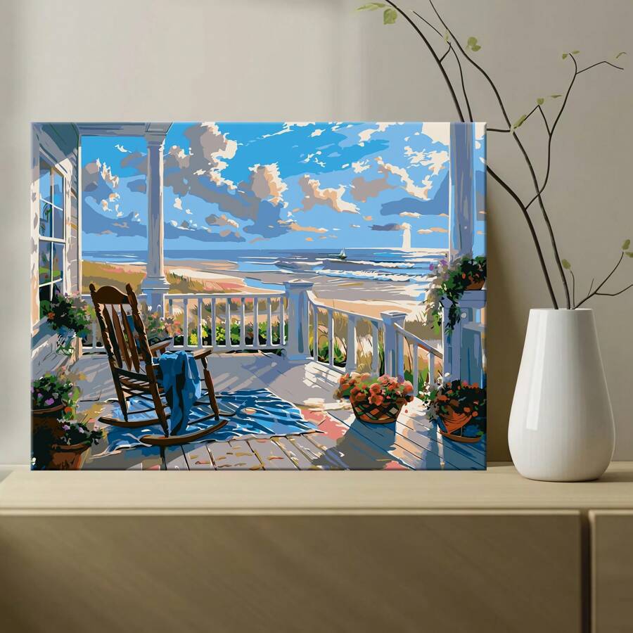 Diy Acrylic Paint Comes From Digital Oil Painting Kits For Adults - Frameless, Seaside Landscape Design, Creased Roll Color-Printed Canvas, Complete Paint And Brushes, Perfect Beginner Stress-Relieving Handicrafts, Perfect Home Decoration And Unique Gifts