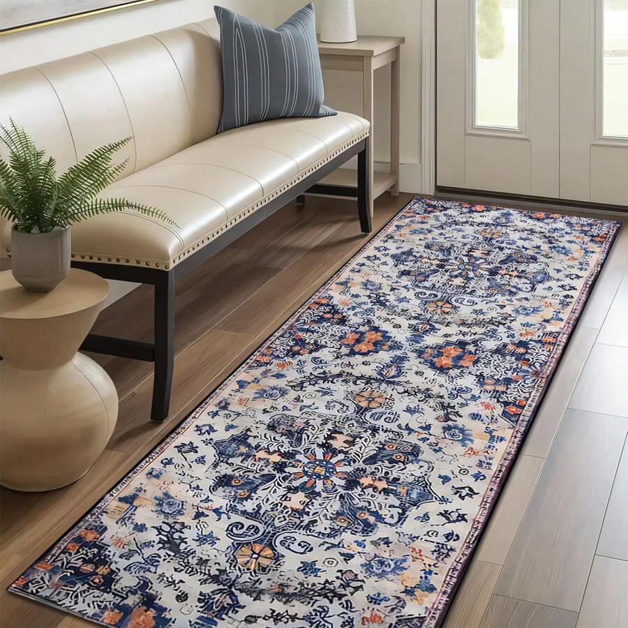 1pc Vintage Distressed Boho Long Runner Rug, 1000g Velvet + 300g Foam Backing Combination Carpet, Classic American Floral , Suitable For Living Room, Bedroom, Kitchen, Bathroom, Laundry, Hallway, Entryway, Game Room, Boy's Room, All Season Home Decor