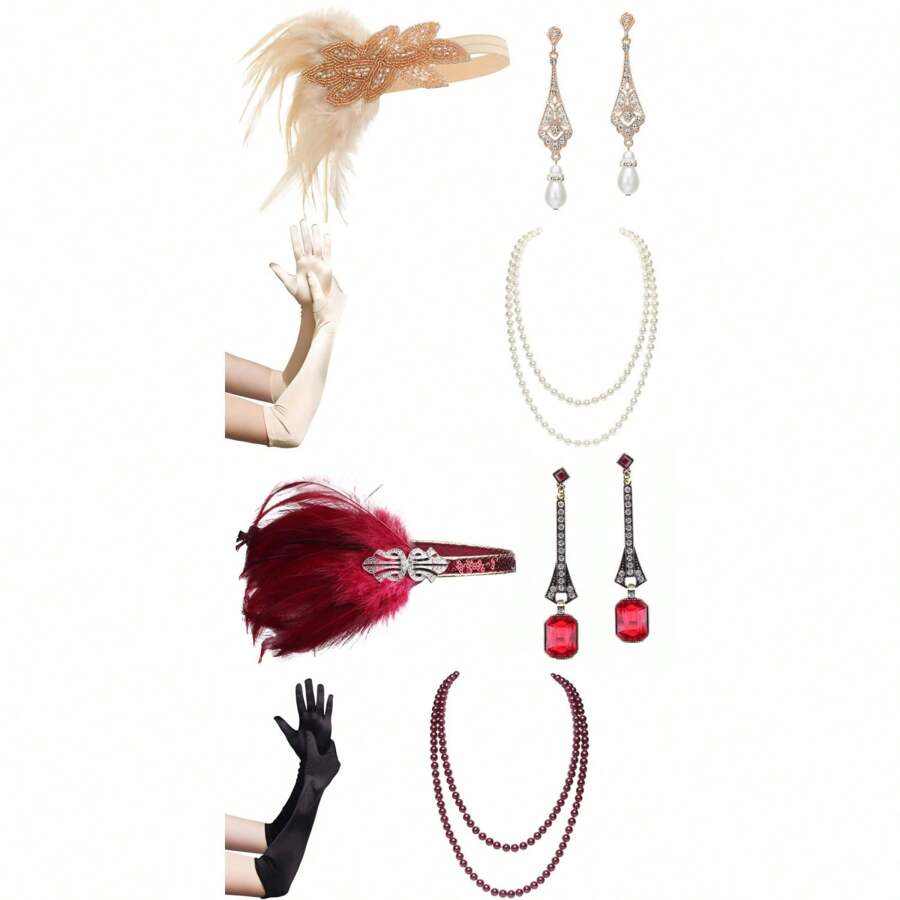 4Pcs Vintage Costume Set, Women's Black Tassel Feather Hairband Jewellery Set, Pearl Necklace With Rhinestone Earrings Lace Gloves Victorian Decoration, Party Prom Dress Decoration Accessories Halloween