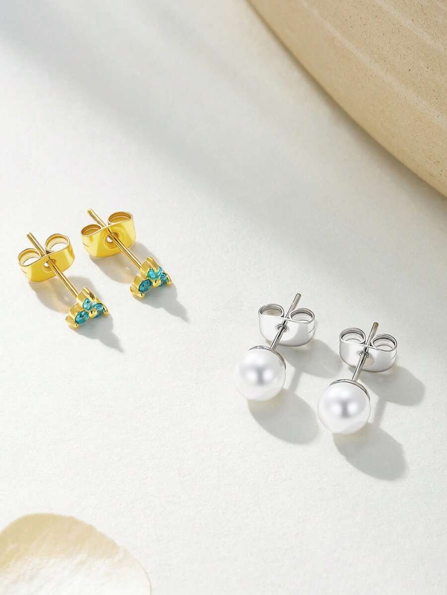 1 Pair Minimalist European And American Style Geometric Cubic Zirconia Stud Earrings, Silver Faux Pearl Earrings, Women Accessories For Daily Wear