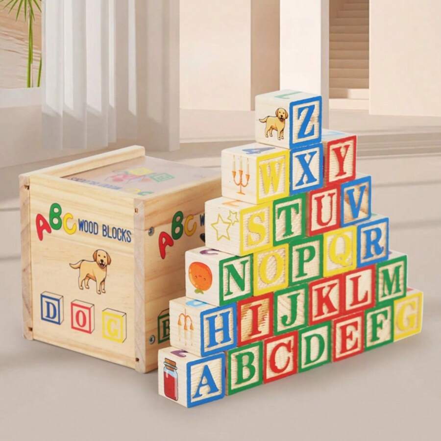 27pcs Wood Printed ABC Building Blocks, Upper Case Letters & Numbers Learning Blocks, Everyday Objects Cognitive Building Blocks, Stackable Educational Toy For Kids