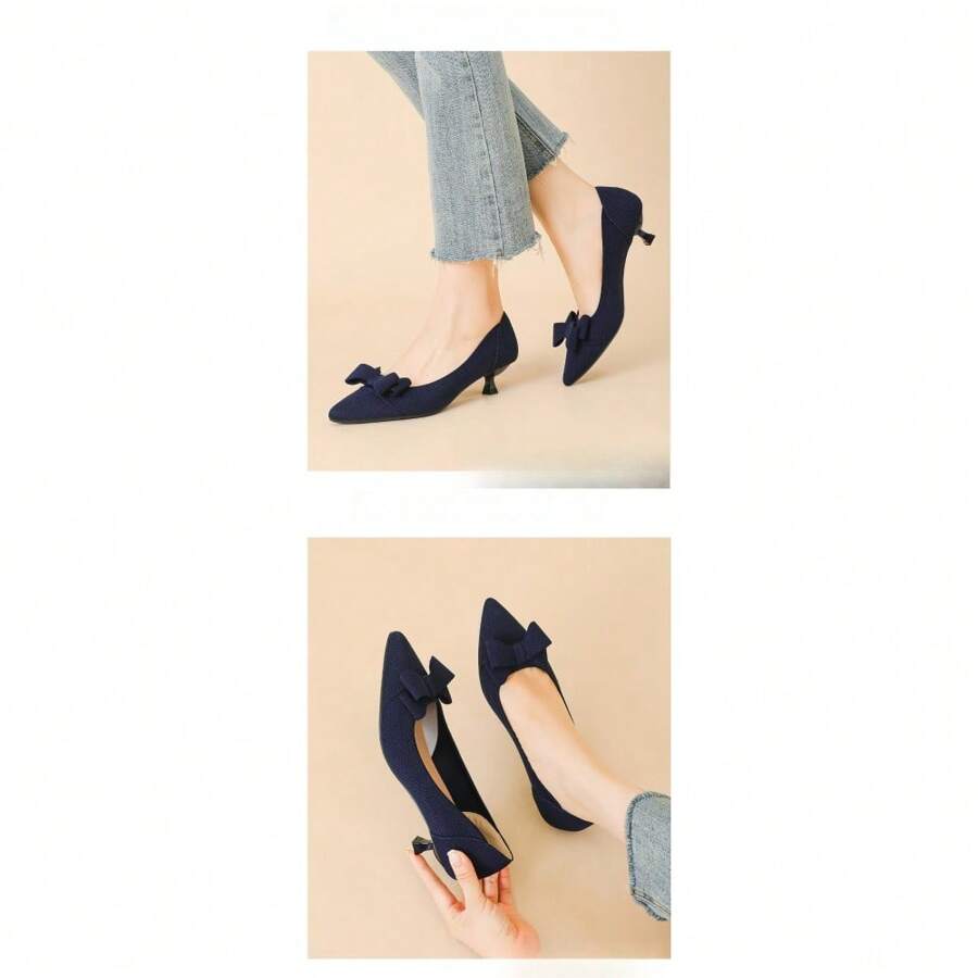 Scarpe da donna con punta affusolata, tomaia a calza, fiocco, tacchi sottili casual alla francese, stile giapponese