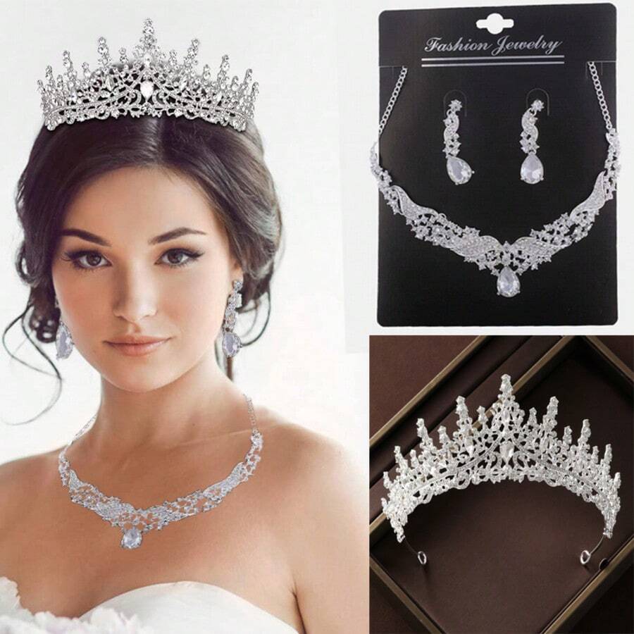 Juego de joyería para mujer, incluye tiara de cristal y kit de collar para niñas, corona con rhinestones, aretes, accesorios para el cuello para novia, boda, cumpleaños, fiesta, vestido de dama de honor