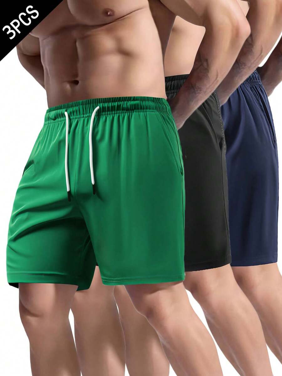 3 pezzi/confezione Pantaloncini da uomo con vita con coulisse, tinta unita, leggeri ad asciugatura rapida, adatti per uso quotidiano, escursionismo, corsa, esercizi estivi