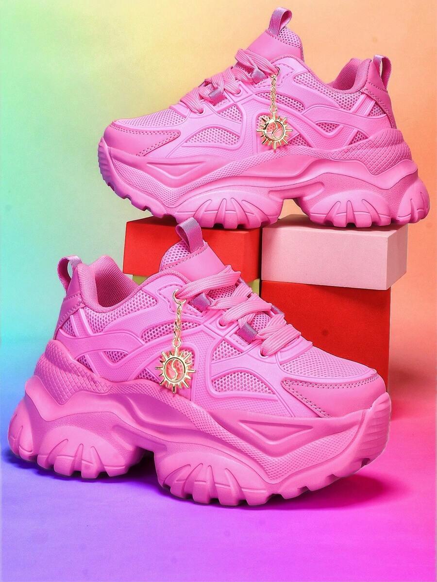 Women's 7cm Thick Sole Casual Sports Shoes With Sunflower Metal Decoration, Outdoor High Heel Platform Sneakers, Lightweight Shock-Absorbing Breathable Mesh Summer Sandals, Pink Round Toe Lace-Up For Daily, Workout, Office