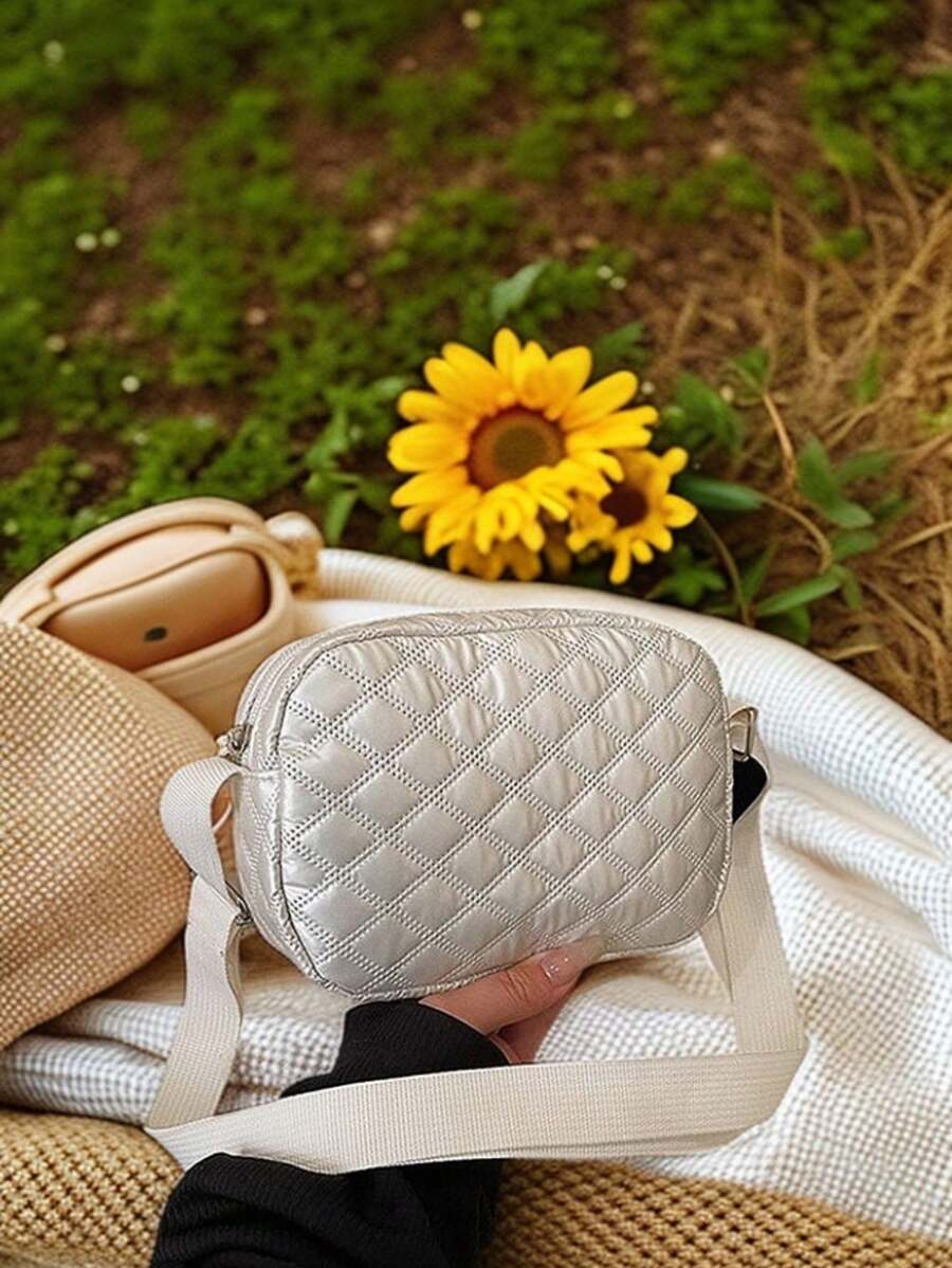 1 pezzo Borsa a tracolla casual da esterno di colore solido con motivo a reticolo di diamanti, adatta per lo shopping, i viaggi, borsa a tracolla