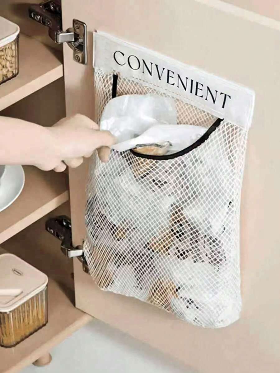 1 pièce Support mural pour sacs poubelle de cuisine à grande capacité avec filet de rangement en plastique et bande