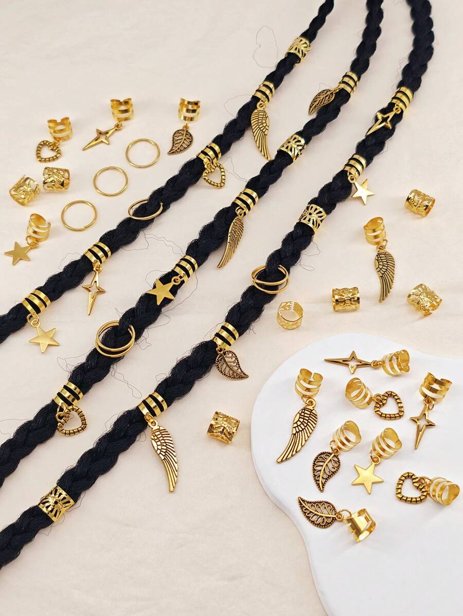 45 piezas Accesorios para el cabello con hojas de oro, estrellas, corazones y alas para dreadlocks y trenzas, joyas para el cabello para mujeres y niñas, anillos ajustables para decoración de trenzado
