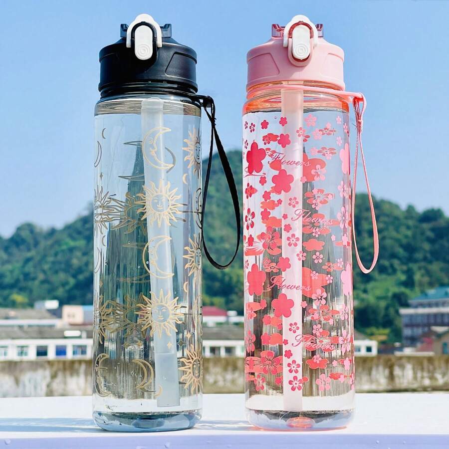 800ml-Crescent Moon Star Pattern Water Bottle-Moon Movement Water Bottle-Gradient Color Portable Water Bottle-Large-Capacity Outdoor Sports Water Cup - Large-Capacity Plastic Water Cup