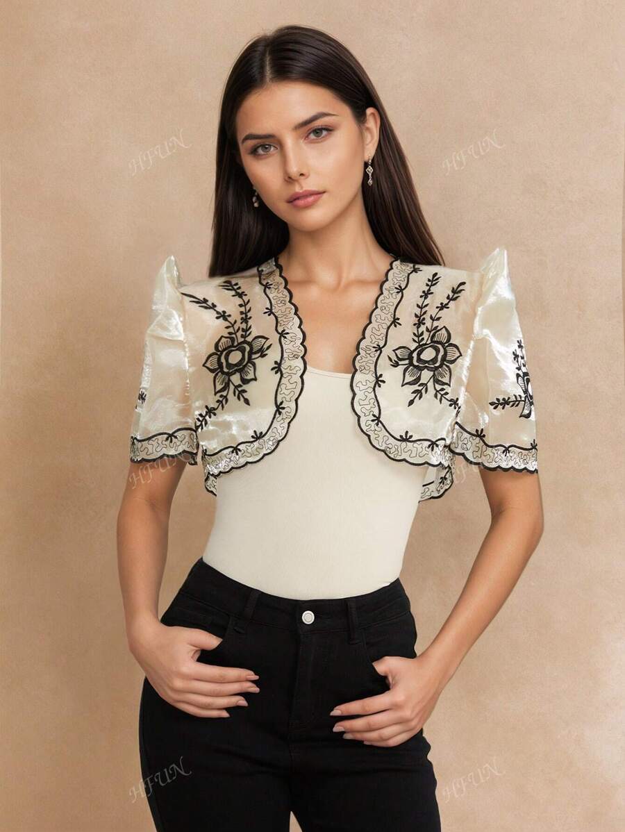 Modern Filipiniana Women Floral Print Frill Short Sleeve Round Neck Open Front Cropped Cardigan, Spring/Summer