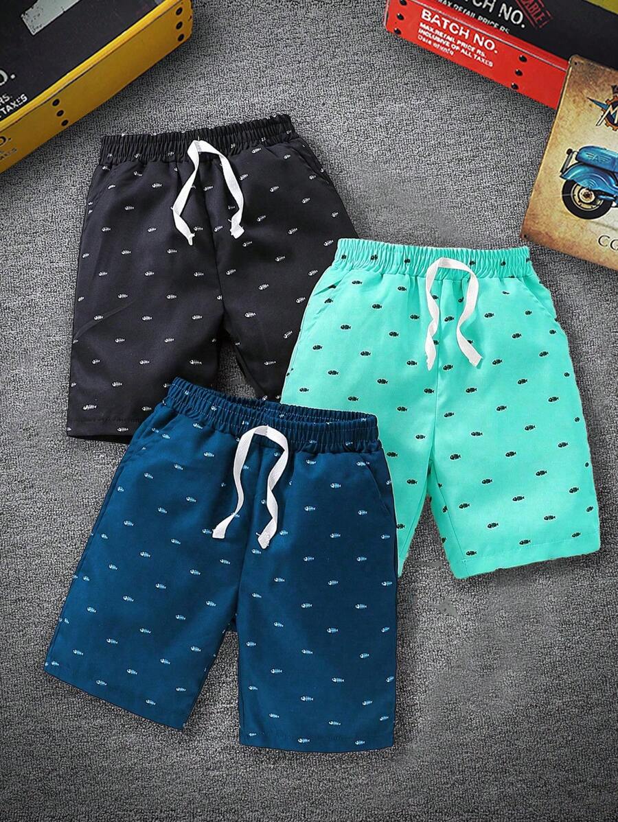 Set de 3 pantalones cortos deportivos de estilo casual y suelto con estampado de espiga para adolescentes varones, conjunto de múltiples colores a juego