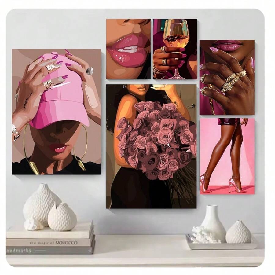 1pc Frameless Pink African American Fashion Female Posters Vintage Painting Printing Wall Arts Modern Living Room Bedroom Dormitory Study Bar Coffee Shop Wall Decoration Home Decoration ,Wall Art With Frame