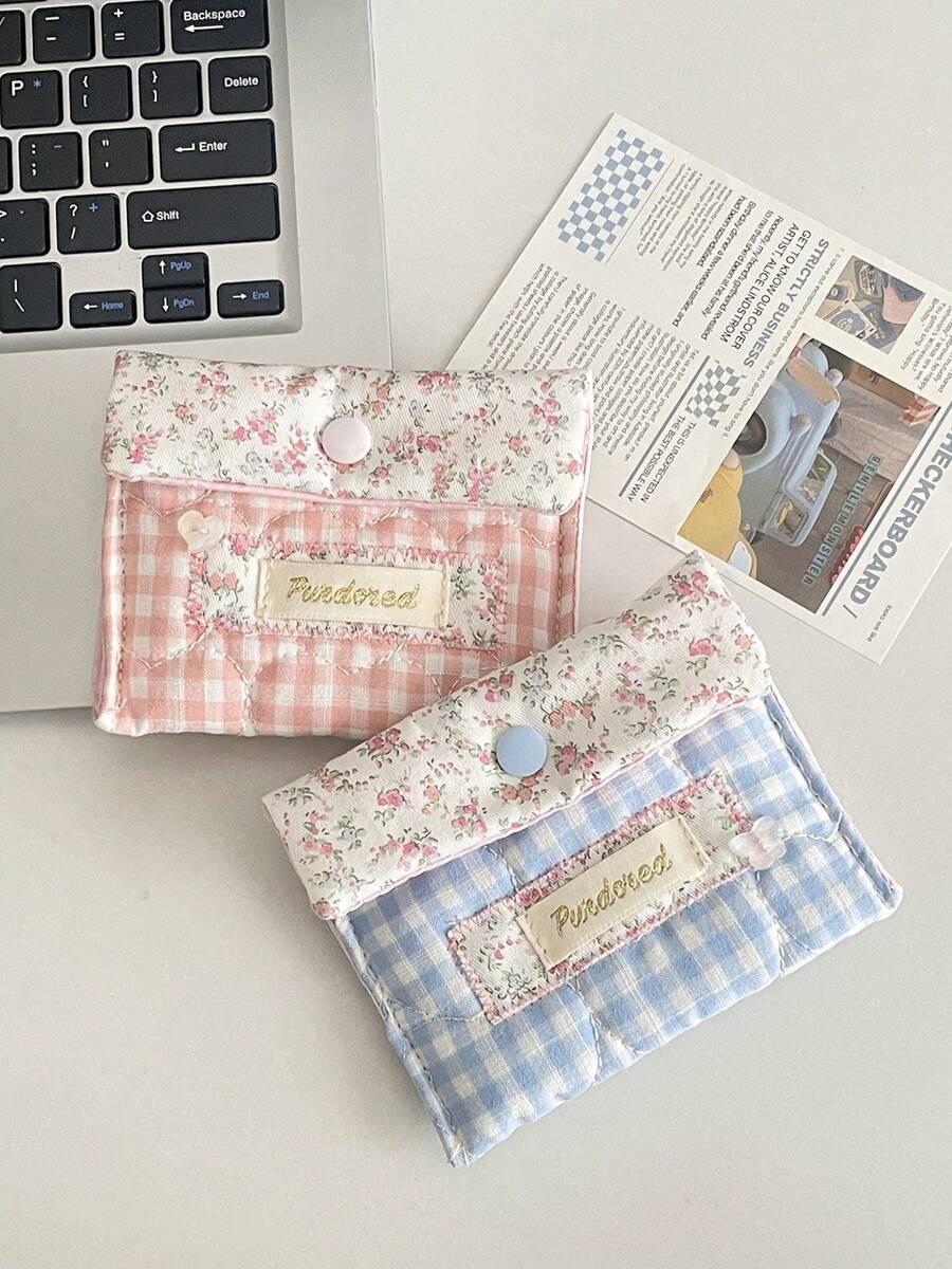 Bolsa de almacenamiento acolchada con estampado de cuadros y flores diminutas, de tela suave con cierre a presión, organizador multifuncional para el hogar/viaje para mujeres