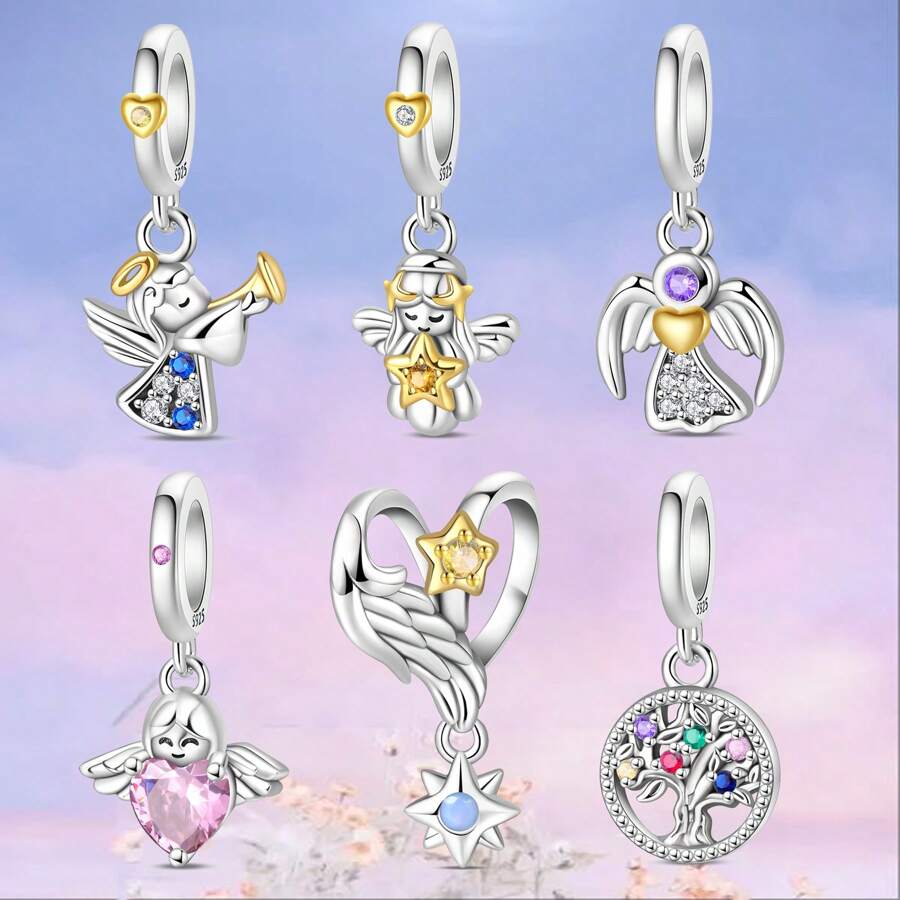 1 peça de pingente de prata esterlina 925 com pingente de árvore da paz em formato de coração e anjo, formato de diamante colorido, faça você mesmo, joias para combinar com roupas do dia a dia, decoração para meninas/mulheres, dia dos namorados