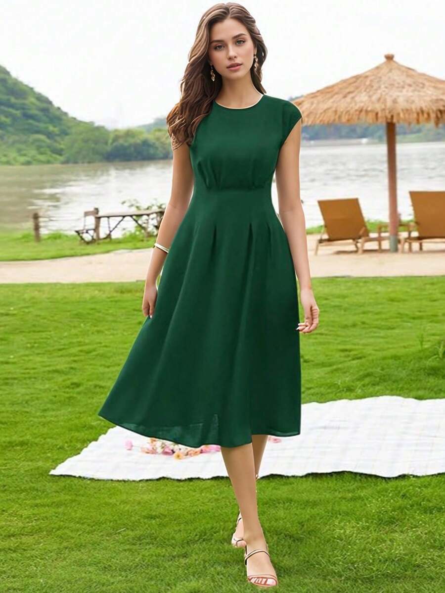 Vestidos de cóctel elegantes para mujer, vestidos de fiesta vintage de corte A, vestidos de noche midi de manga corta con bolsillos.