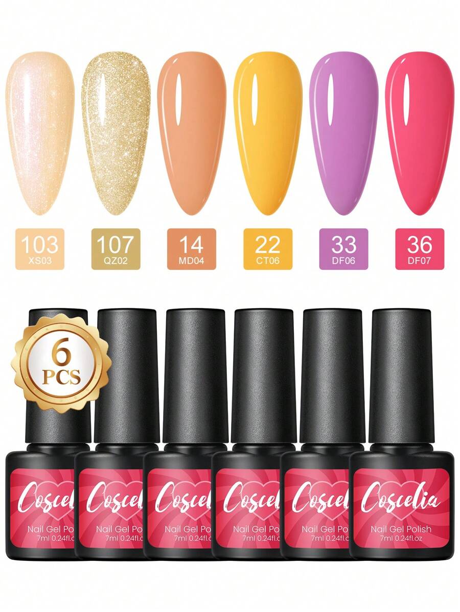 coscelia 6PCS Nail Gel Polish Set 7ML Soak Off Gel Nail Polish Needed For UV/LED Lamp, Pink Yellow Orange Purple Blue Grey Gold Glitter Nail UV Gel Polish, Long Lasting Gloss Shine For Autumn Nails, Summer Nails, Neon Y2K Styles Nails For Women DIY Salon
